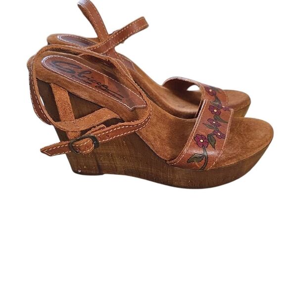 Sbicca Vintage Collection Women's Size 7 Brown Red Floral Leather Wooden Wedges - Picture 1 of 5